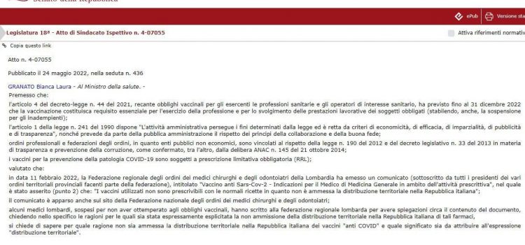Interrogazione parlamentare . interrogazione parlamentare Senatrice Granato